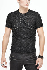 Black Broken Holes Thick Stripes Chest Lace-Up Knit Short Sleeve Men's Punk T-Shirt